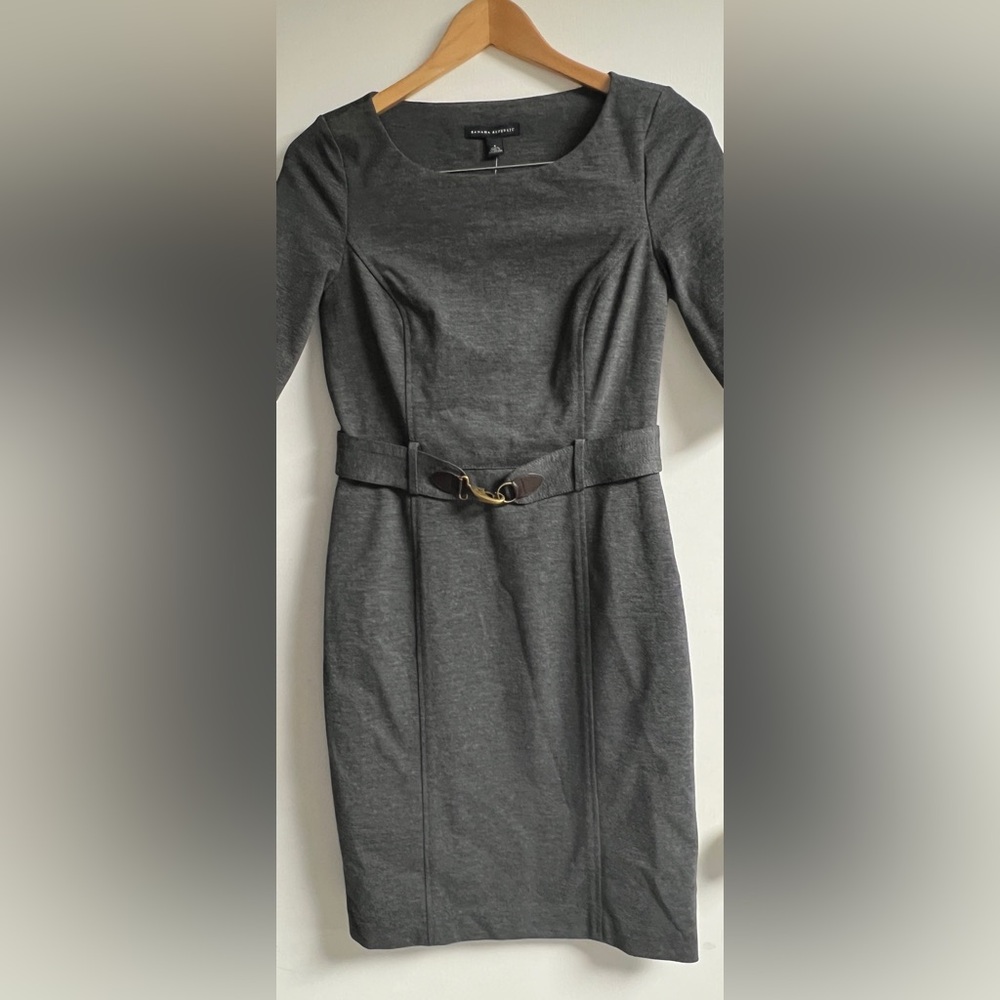Banana Republic gray ponte knit dress, size 2, 3/4 sleeves, belted, 3-season.